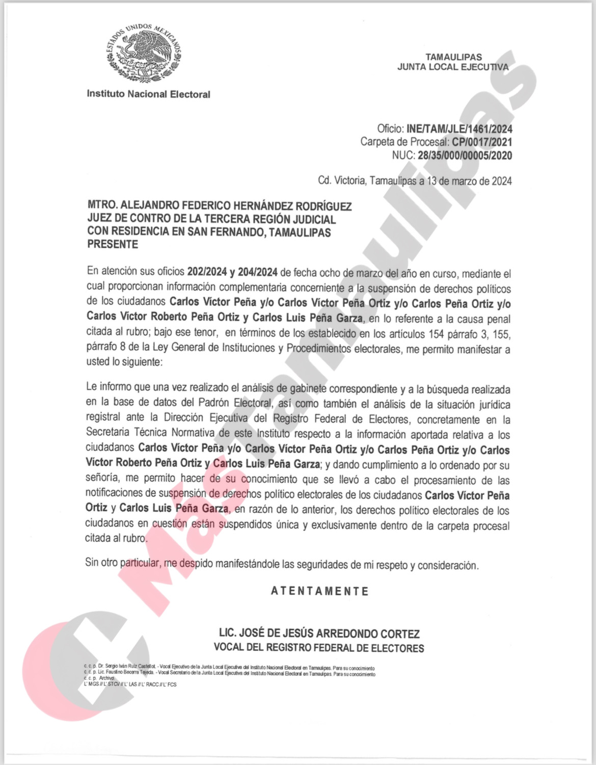 El INE mantiene suspendidos los derechos políticos de Carlos Peña