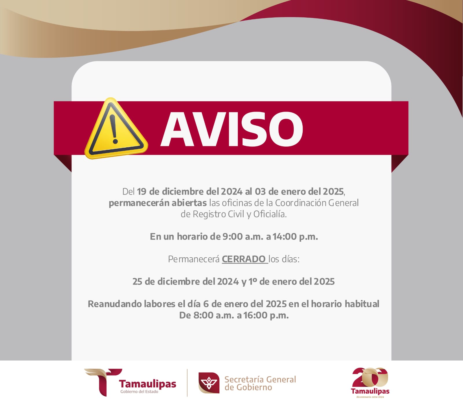 Las Oficinas de Registro Civil ofrecerán horarios especiales durante el período vacacional