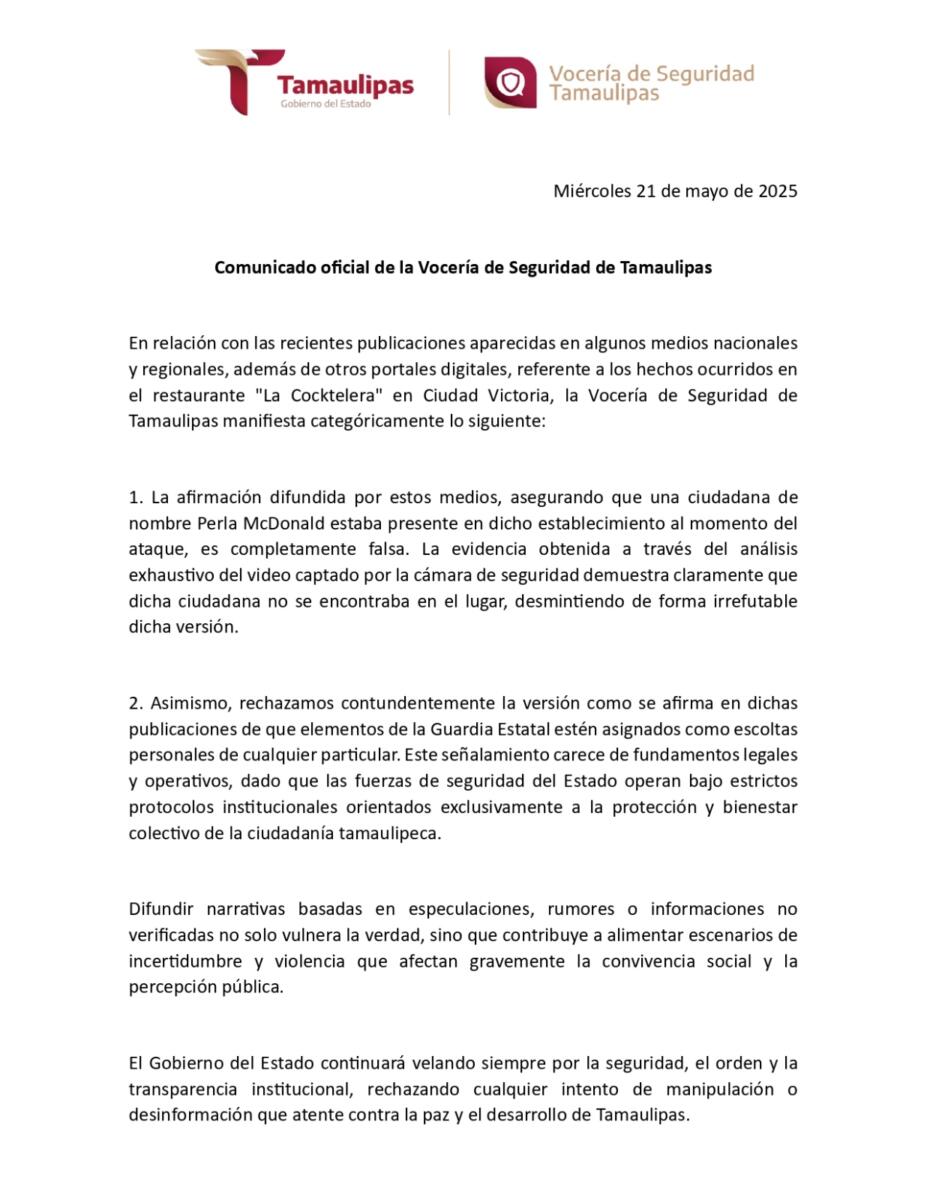 Desmiente Vocería de Seguridad de Tamaulipas versión de Código Magenta y Reforma