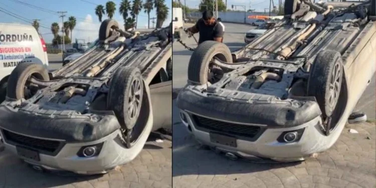 Se registra fuerte choque con volcadura en Matamoros, Tamaulipas