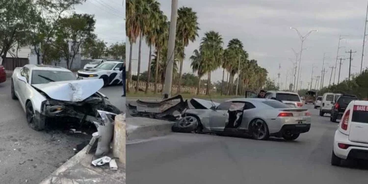 Joven queda prensado tras chocar su vehículo Camaro contra poste en Matamoros, Tamaulipas