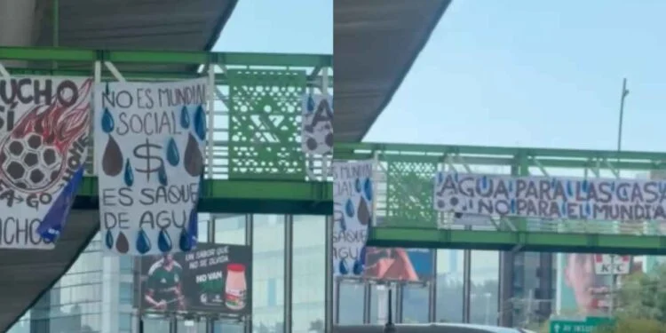 Protestan en puentes de Periférico en contra del Mundial 2026 antes del México vs. Portugal