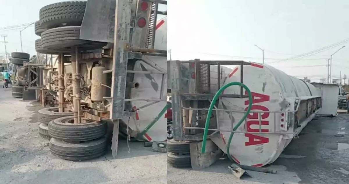 Vuelca pipa de agua tras choque con tractocamión en Reynosa, Tamaulipas