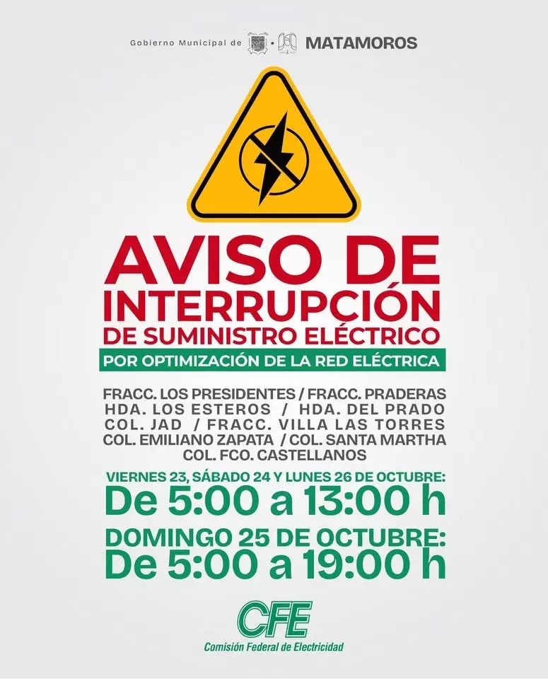 Gobierno Municipal de Matamoros alerta por cortes de luz del 23 al 26 de octubre