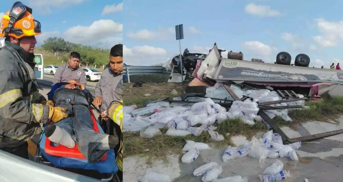 Tráiler cargado con bolsas de hielo vuelca en carretera Reynosa-Monterrey; chofer queda lesionado